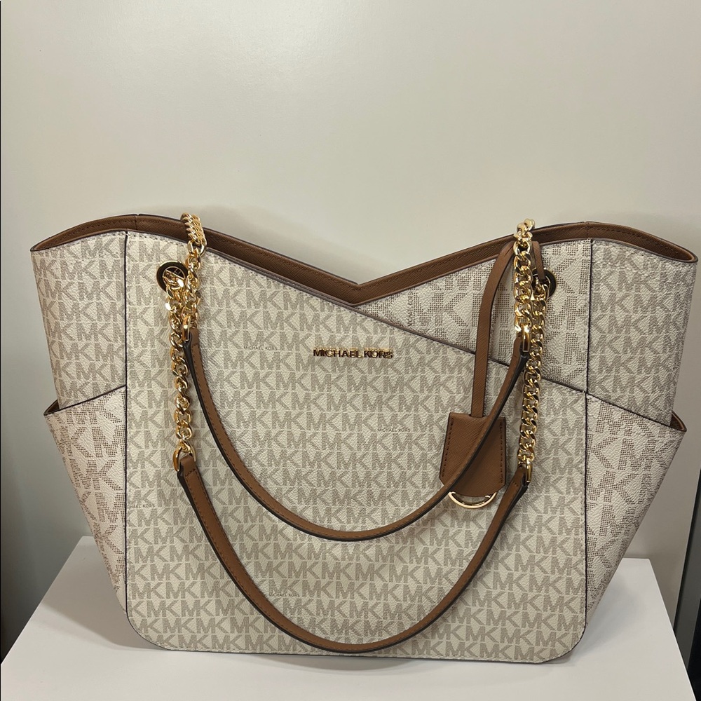 Michael Kors Large X Chain Shoulder Tote Bag Vanilla